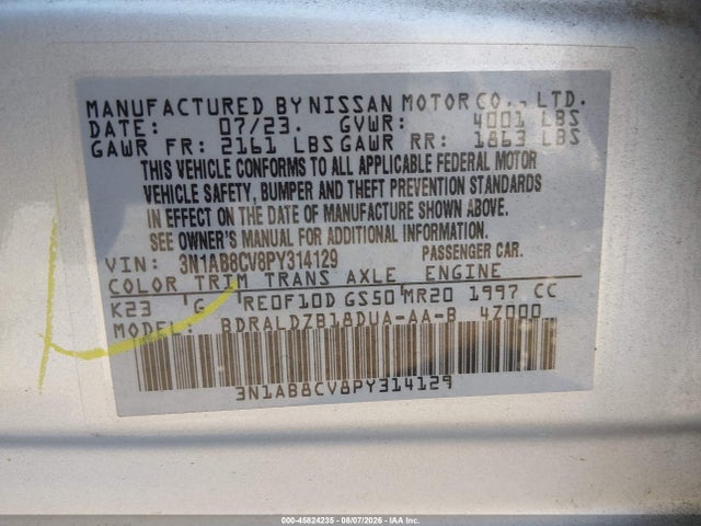 3N1AB8CV8PY314129 Nissan Sentra Sv Xtronic Cvt