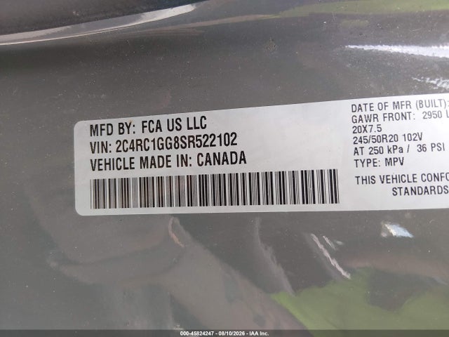 45824247 :رقم المزاد ، 2C4RC1GG8SR522102 vin ، 2025 Chrysler Pacifica Limited مزاد بيع