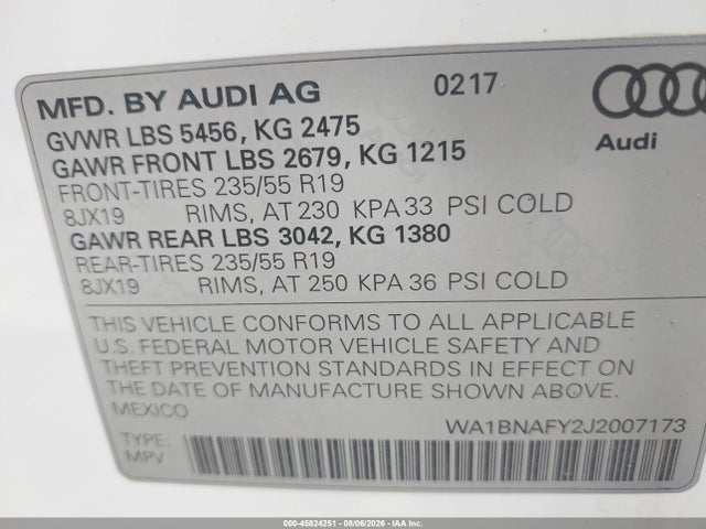 Продаж на аукціоні авто 2018 Audi Q5 2.0t Premium/2.0t Tech Premium, vin: WA1BNAFY2J2007173, номер лоту: 45824251