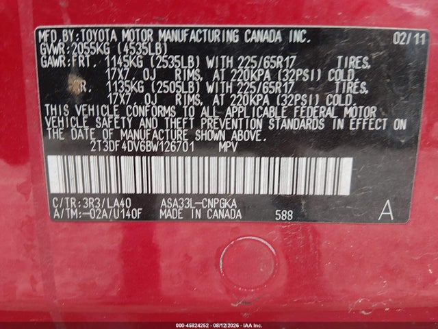 Продажа на аукционе авто 2011 Toyota Rav4 Limited, vin: 2T3DF4DV6BW126701, номер лота: 45824252