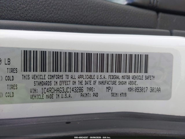 Продаж на аукціоні авто 2018 Dodge Durango Sxt Rwd, vin: 1C4RDHAG3JC143286, номер лоту: 45824257