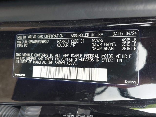 Aukcja sprzedaży 2024 Volvo S60 B5 Core Dark Theme, vin: 7JRL12FK8RG326827, numer aukcji: 45824262