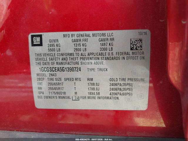 2016 Chevrolet Colorado 2wd Lt მანქანა იყიდება აუქციონზე, vin: 1GCGSCEA5G1390724, აუქციონის ნომერი: 45824270