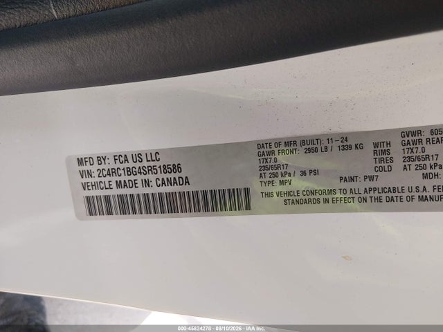 45824278 :رقم المزاد ، 2C4RC1BG4SR518586 vin ، 2025 Chrysler Pacifica Select مزاد بيع