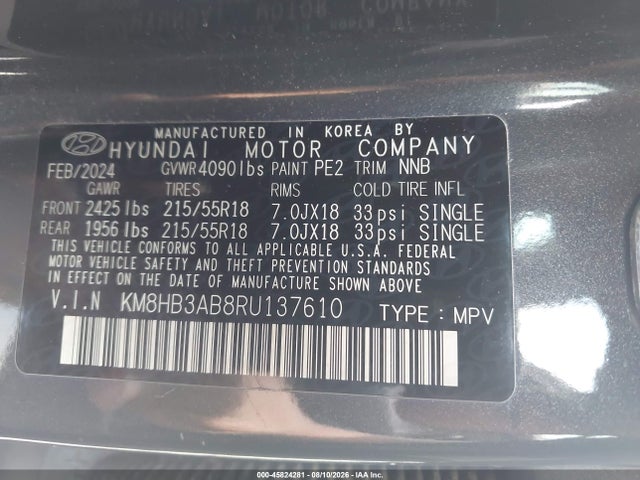 45824281 :رقم المزاد ، KM8HB3AB8RU137610 vin ، 2024 Hyundai Kona Sel مزاد بيع