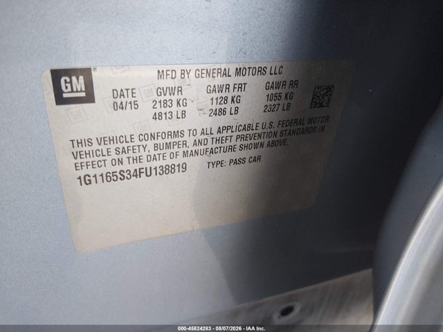 2015 Chevrolet Impala 2lz მანქანა იყიდება აუქციონზე, vin: 1G1165S34FU138819, აუქციონის ნომერი: 45824283