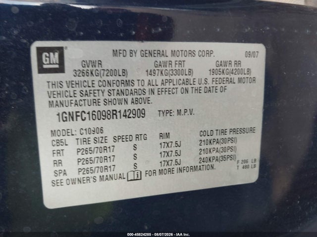 2008 Chevrolet Suburban 1500 Lt მანქანა იყიდება აუქციონზე, vin: 1GNFC16098R142909, აუქციონის ნომერი: 45824285