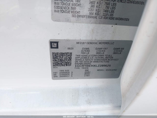 Aukcja sprzedaży 2020 Chevrolet Silverado 1500, vin: 1GCRYBEHXLZ289625, numer aukcji: 45824291