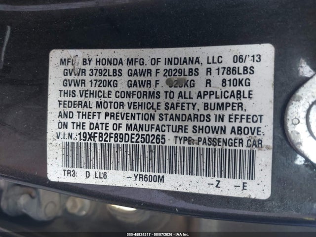 2013 Honda Civic Ex მანქანა იყიდება აუქციონზე, vin: 19XFB2F89DE250265, აუქციონის ნომერი: 45824317