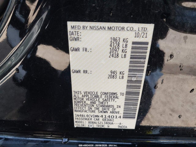 Auction sale of the 2021 Nissan Altima Sr Fwd, vin: 1N4BL4CV1MN414014, lot number: 45824320