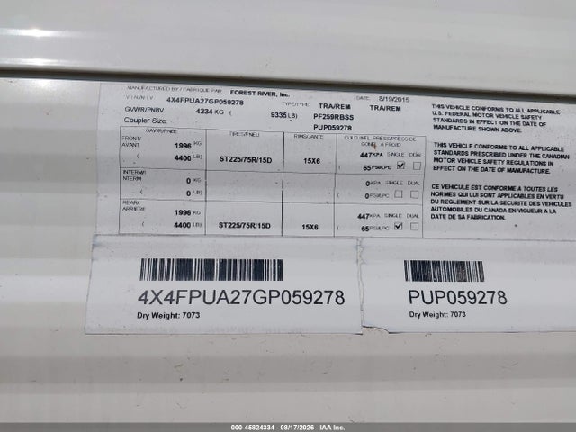 Продаж на аукціоні авто 2016 Palomino M-259rbss Puma, vin: 4X4FPUA27GP059278, номер лоту: 45824334