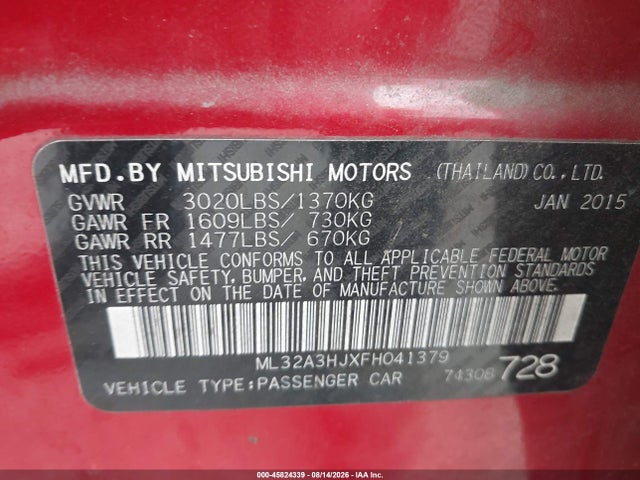 2015 Mitsubishi Mirage De მანქანა იყიდება აუქციონზე, vin: ML32A3HJXFH041379, აუქციონის ნომერი: 45824339