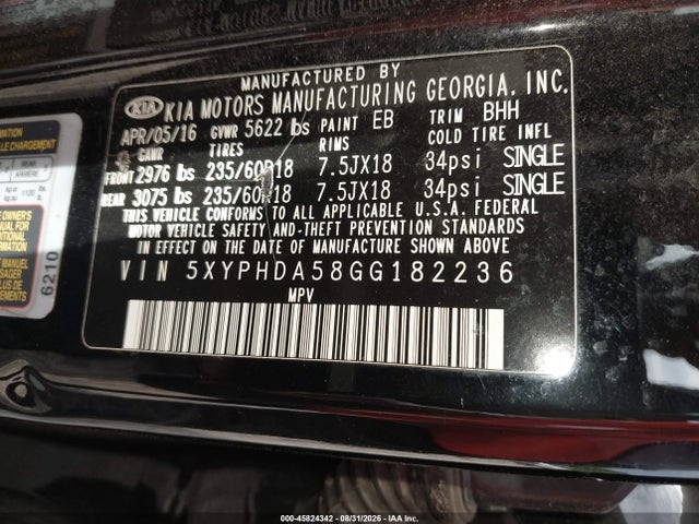 45824342 :رقم المزاد ، 5XYPHDA58GG182236 vin ، 2016 Kia Sorento 3.3l Ex مزاد بيع