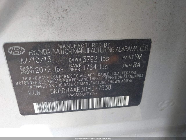 Продажа на аукционе авто 2013 Hyundai Elantra Limited, vin: 5NPDH4AE3DH377538, номер лота: 45824348