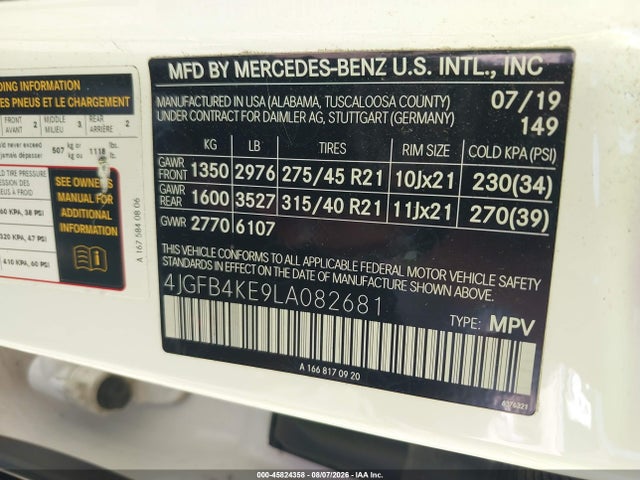 Aukcja sprzedaży 2020 Mercedes-benz Gle 350 4matic, vin: 4JGFB4KE9LA082681, numer aukcji: 45824358