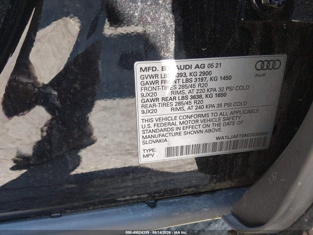 45824359 :رقم المزاد ، WA1LJAF73MD039856 vin ، 2021 Audi Q7 Premium Plus 45 Tfsi Quattro Tiptronic مزاد بيع