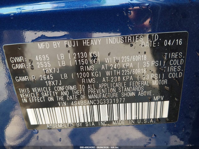 Aukcja sprzedaży 2016 Subaru Outback 2.5i Limited, vin: 4S4BSANC3G3331977, numer aukcji: 45824392