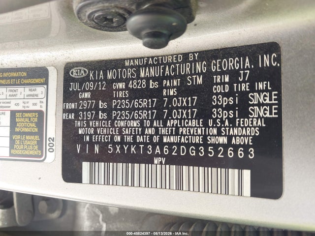 45824397 :رقم المزاد ، 5XYKT3A62DG352663 vin ، 2013 Kia Sorento Lx مزاد بيع