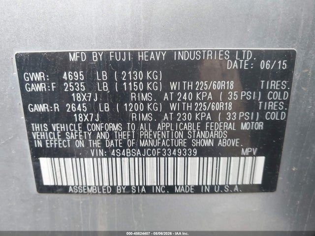 Продаж на аукціоні авто 2015 Subaru Outback 2.5i Limited, vin: 4S4BSAJC0F3349339, номер лоту: 45824407