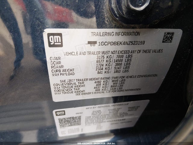 Продаж на аукціоні авто 2022 Chevrolet Silverado 1500 4wd  Short Bed Custom, vin: 1GCPDBEK4NZ523159, номер лоту: 45824423