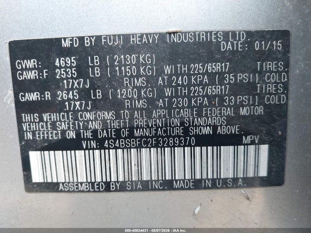 45824431 :رقم المزاد ، 4S4BSBFC2F3289370 vin ، 2015 Subaru Outback 2.5i Premium مزاد بيع