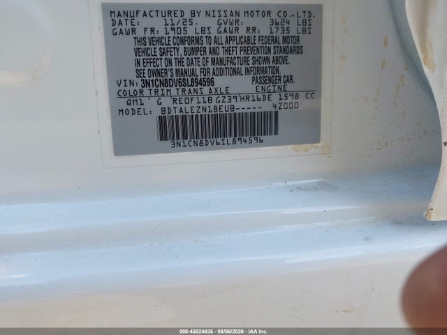 Aukcja sprzedaży 2025 Nissan Versa 1.6 S, vin: 3N1CN8DV6SL894596, numer aukcji: 45824435