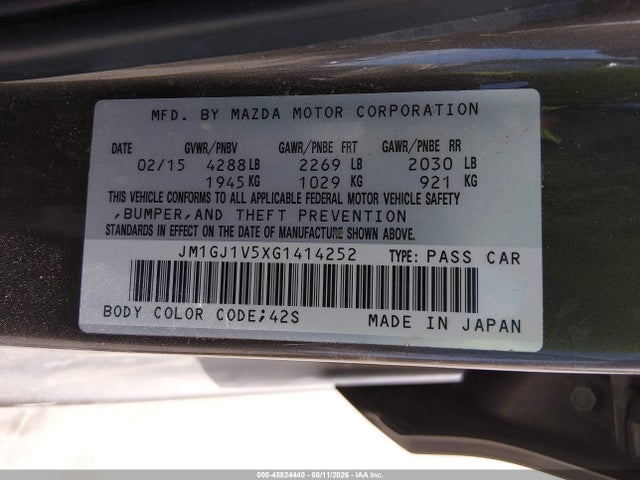 Продажа на аукционе авто 2016 Mazda Mazda6 I Touring, vin: JM1GJ1V5XG1414252, номер лота: 45824440