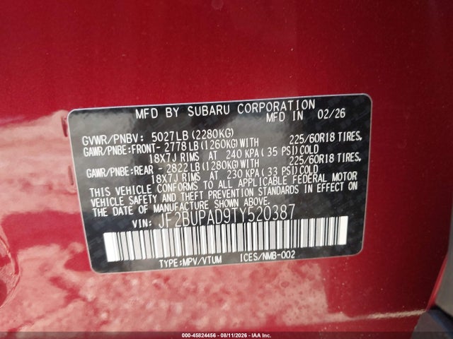 Продажа на аукционе авто 2026 Subaru Outback Premium, vin: JF2BUPAD9TY520387, номер лота: 45824456