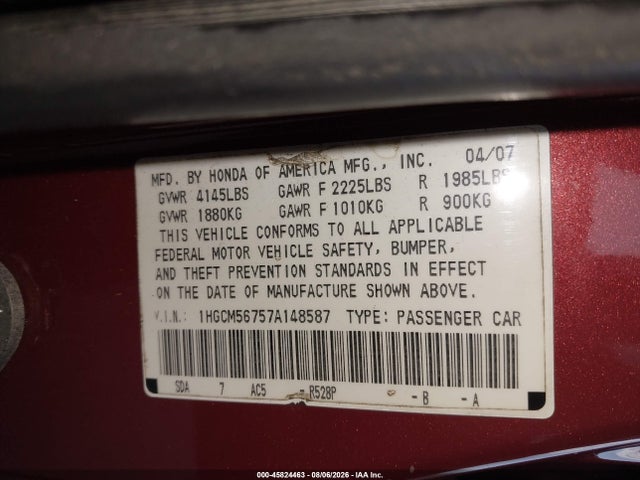 45824463 :رقم المزاد ، 1HGCM56757A148587 vin ، 2007 Honda Accord 2.4 Ex مزاد بيع