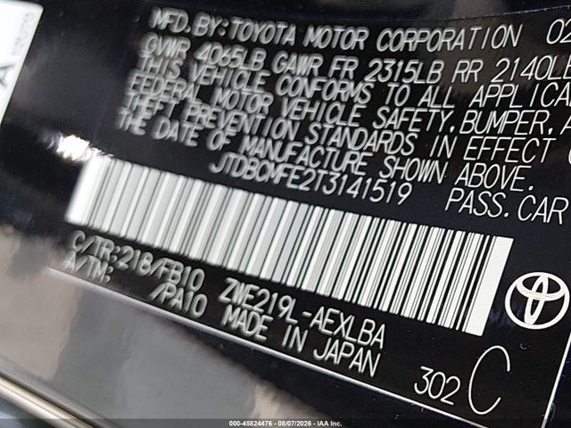 45824476 :رقم المزاد ، JTDBCMFE2T3141519 vin ، 2026 Toyota Corolla Hybrid Hybrid Le مزاد بيع