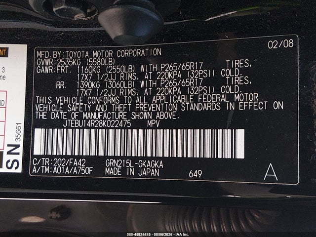 45824485 :رقم المزاد ، JTEBU14R28K022475 vin ، 2008 Toyota 4runner Sr5 V6 مزاد بيع