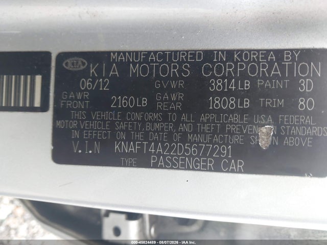 45824489 :رقم المزاد ، KNAFT4A22D5677291 vin ، 2013 Kia Forte Lx مزاد بيع