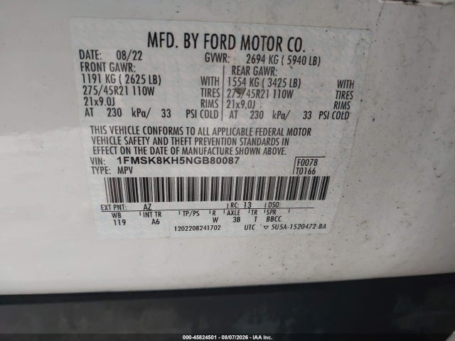 45824501 :رقم المزاد ، 1FMSK8KH5NGB80087 vin ، 2022 Ford Explorer St-line مزاد بيع