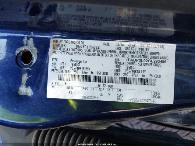 45824509 :رقم المزاد ، 1FADP3L92GL293486 vin ، 2016 Ford Focus St مزاد بيع