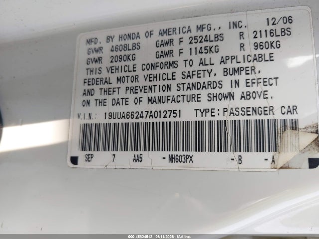 Продаж на аукціоні авто 2007 Acura Tl 3.2, vin: 19UUA66247A012751, номер лоту: 45824512