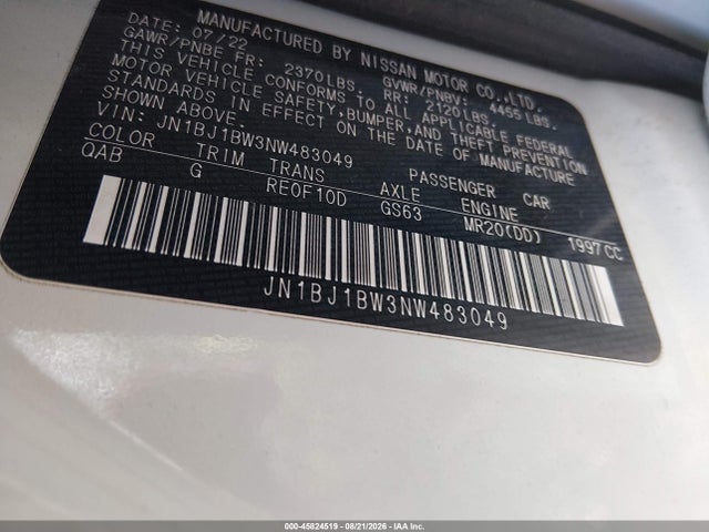 45824519 :رقم المزاد ، JN1BJ1BW3NW483049 vin ، 2022 Nissan Rogue Sport Sv Awd Xtronic Cvt مزاد بيع