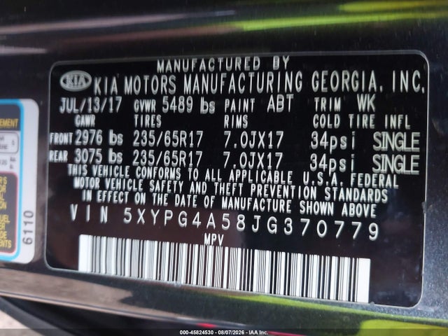 2018 Kia Sorento 3.3l Lx მანქანა იყიდება აუქციონზე, vin: 5XYPG4A58JG370779, აუქციონის ნომერი: 45824530