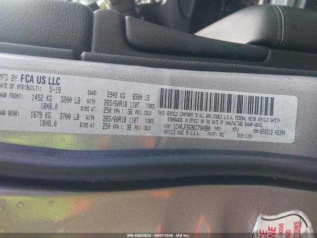 Продаж на аукціоні авто 2019 Jeep Grand Cherokee Limited 4x4, vin: 1C4RJFBG9KC734980, номер лоту: 45824534