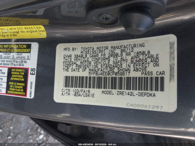 Продаж на аукціоні авто 2012 Toyota Corolla L, vin: 5YFBU4EE0CP059617, номер лоту: 45824536