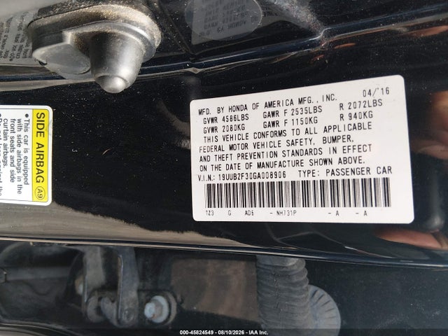 45824549 :رقم المزاد ، 19UUB2F30GA008906 vin ، 2016 Acura Tlx V6 مزاد بيع