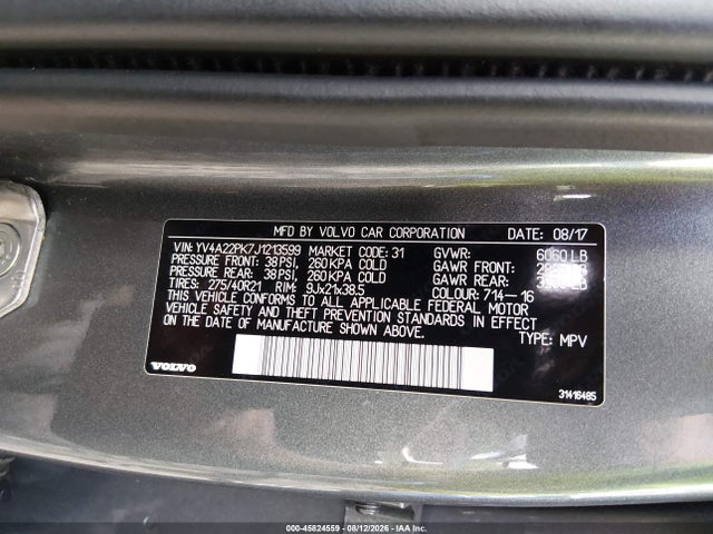 45824559 :رقم المزاد ، YV4A22PK7J1213599 vin ، 2018 Volvo Xc90 T6 Momentum مزاد بيع
