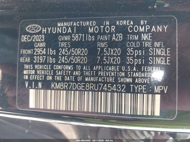 Aukcja sprzedaży 2024 Hyundai Palisade Calligraphy Night Edition, vin: KM8R7DGE8RU745432, numer aukcji: 45824562
