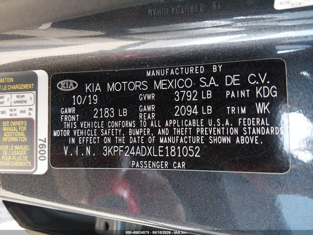 2020 Kia Forte Fe მანქანა იყიდება აუქციონზე, vin: 3KPF24ADXLE181052, აუქციონის ნომერი: 45824575