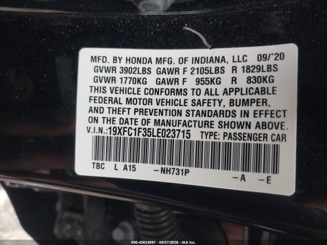 Auction sale of the 2020 Honda Civic Ex, vin: 19XFC1F35LE023715, lot number: 45824591