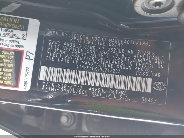 45824599 :رقم المزاد ، 4T1BF1FK1HU747287 vin ، 2017 Toyota Camry Se مزاد بيع