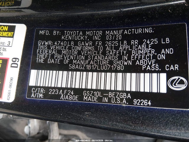 2020 Lexus Es 350 F Sport მანქანა იყიდება აუქციონზე, vin: 58AGZ1B17LU071780, აუქციონის ნომერი: 45824622