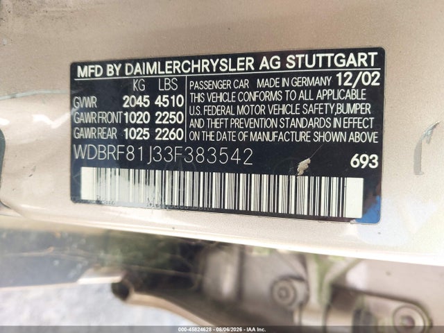 Aukcja sprzedaży 2003 Mercedes-benz C 240, vin: WDBRF81J33F383542, numer aukcji: 45824628