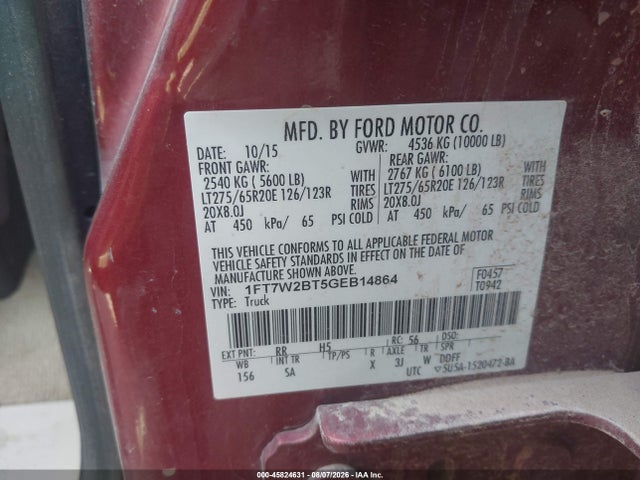 Aukcja sprzedaży 2016 Ford F-250 Lariat, vin: 1FT7W2BT5GEB14864, numer aukcji: 45824631