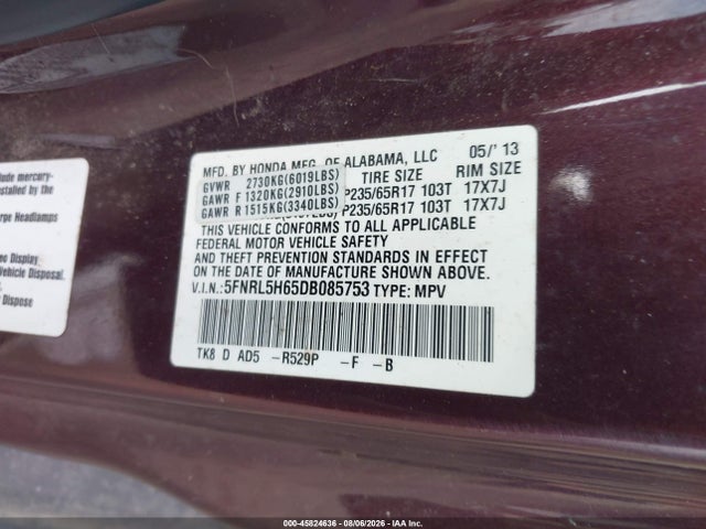 45824636 :رقم المزاد ، 5FNRL5H65DB085753 vin ، 2013 Honda Odyssey Ex-l مزاد بيع