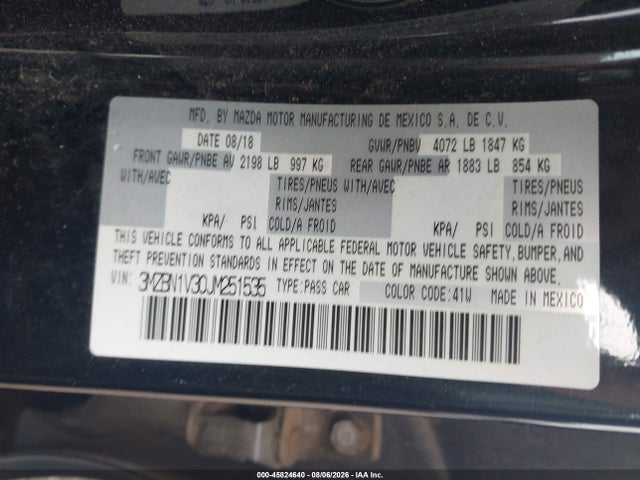 45824640 :رقم المزاد ، 3MZBN1V30JM251535 vin ، 2018 Mazda Mazda3 Touring مزاد بيع